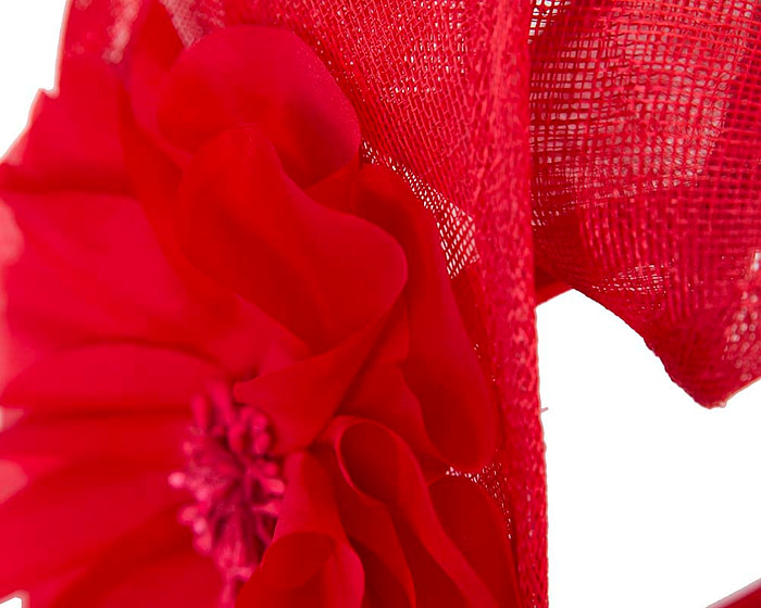 Red sinamay fascinator with flower by Max Alexander - Fascinators.com.au