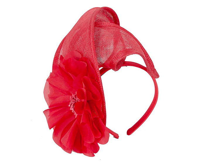 Red sinamay fascinator with flower by Max Alexander - Fascinators.com.au