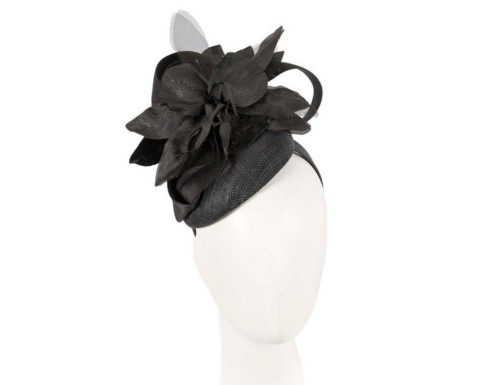 Bespoke black pillbox racing fascinator with flower by Fillies Collection - Fascinators.com.au