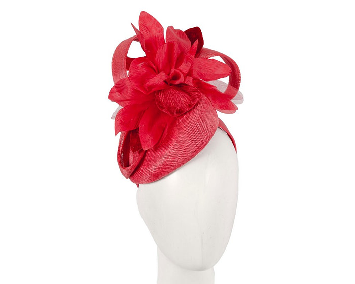 Bespoke red pillbox racing fascinator with flower by Fillies Collection - Fascinators.com.au