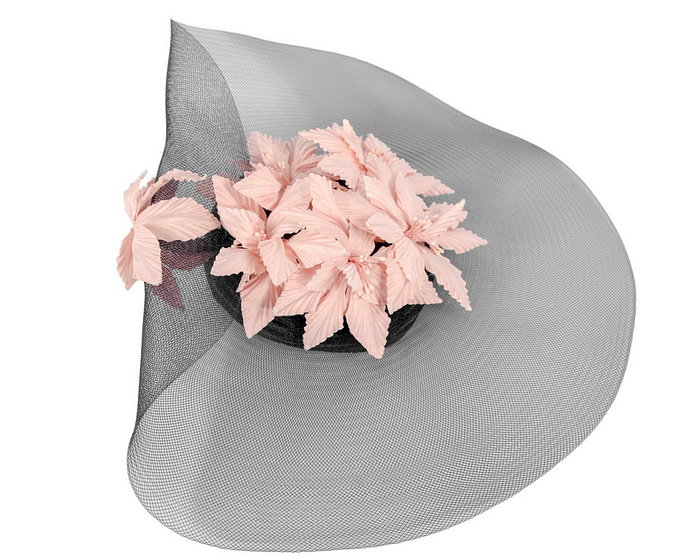 Large wide brim black and pink hat by Fillies Collection - Fascinators.com.au