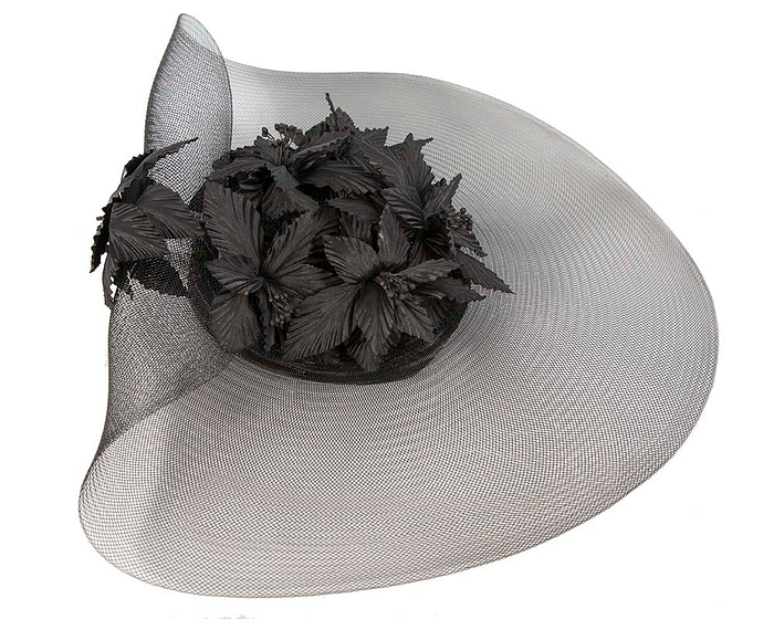 Large wide brim black hat by Fillies Collection - Fascinators.com.au