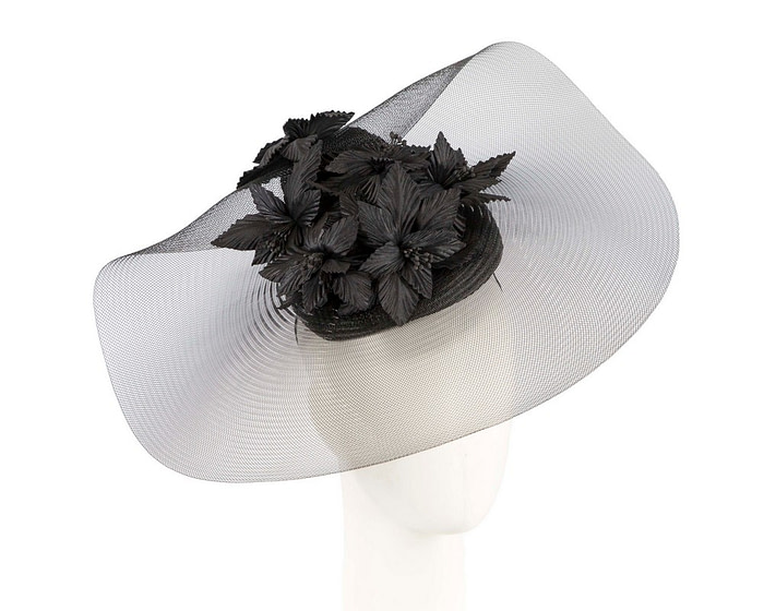 Large wide brim black hat by Fillies Collection - Fascinators.com.au