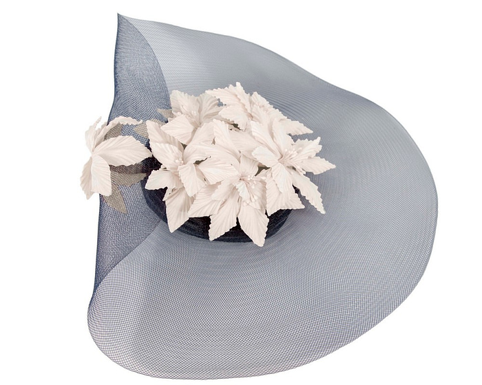 Large wide brim navy and cream hat by Fillies Collection - Fascinators.com.au