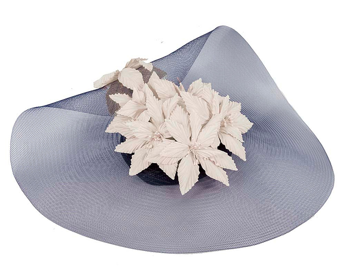Large wide brim navy and cream hat by Fillies Collection - Fascinators.com.au