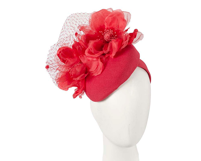 Red winter pillbox fascinator with flower by Fillies Collection - Fascinators.com.au