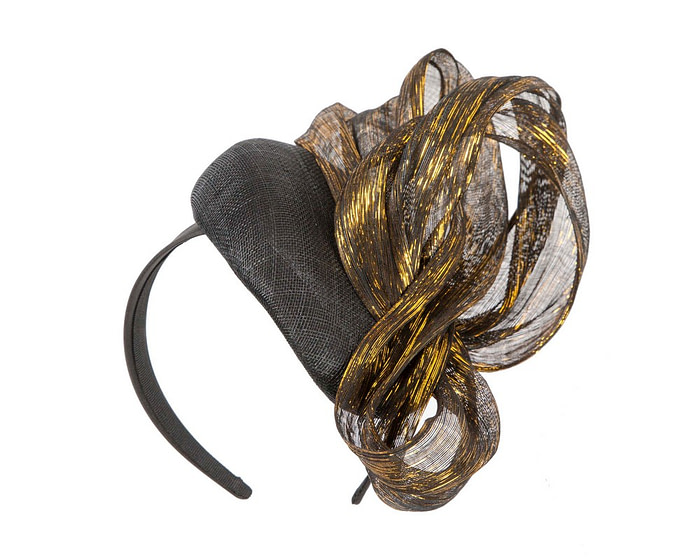 Black pillbox gold silk abaca bow by Fillies Collection - Fascinators.com.au