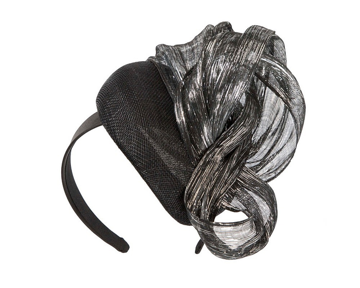 Black pillbox silver silk abaca bow by Fillies Collection - Fascinators.com.au