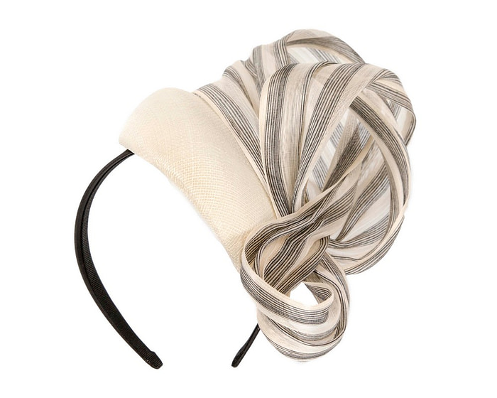 Ivory pillbox stripy silk abaca bow by Fillies Collection - Fascinators.com.au