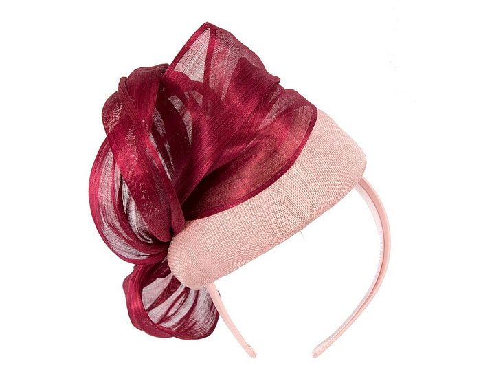 Pink pillbox burgundy silk abaca bow by Fillies Collection - Fascinators.com.au