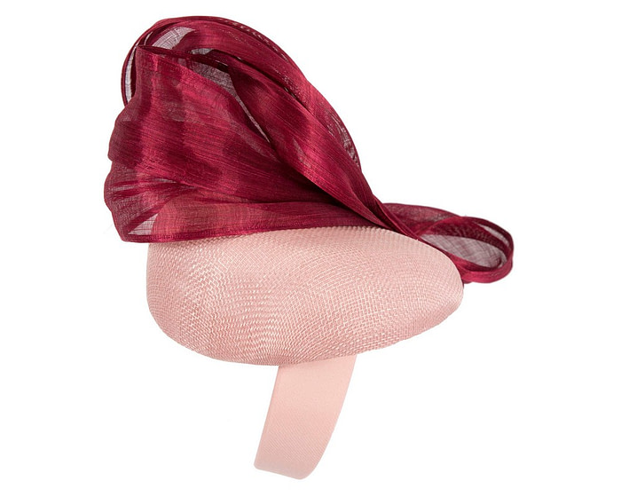 Pink pillbox burgundy silk abaca bow by Fillies Collection - Fascinators.com.au