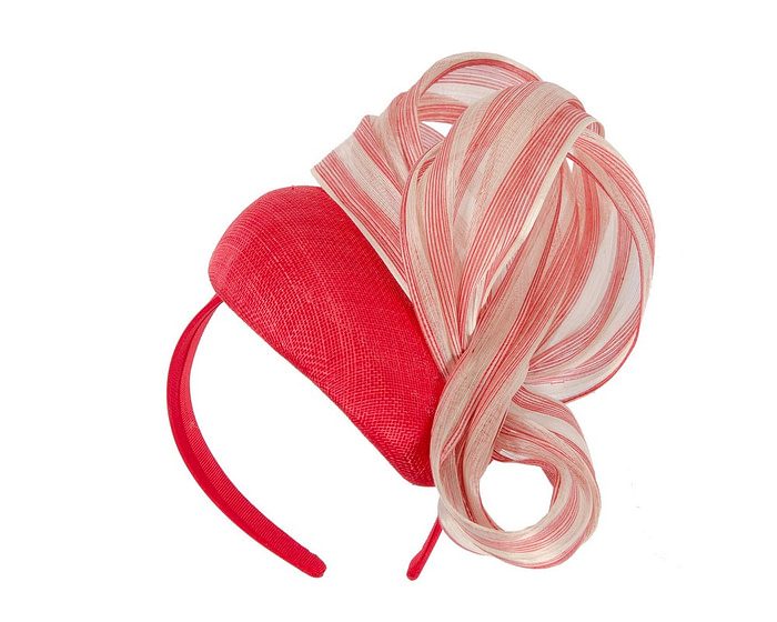 Red pillbox stripy silk abaca bow by Fillies Collection - Fascinators.com.au