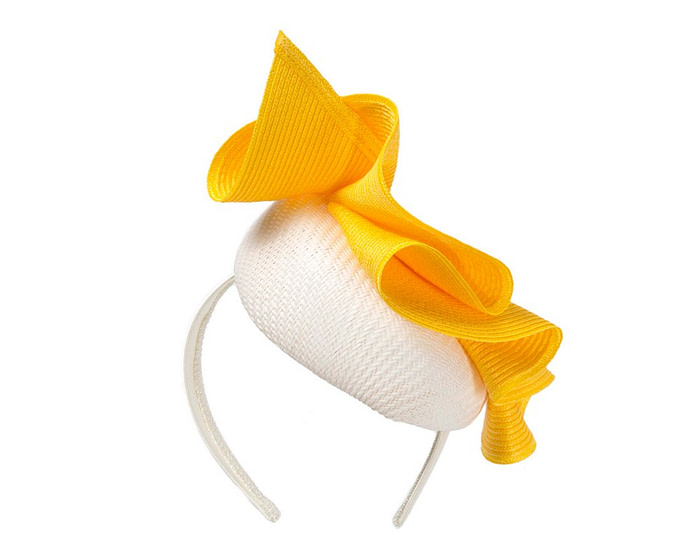 Bespoke white and yellow pillbox fascinator by Fillies Collection - Fascinators.com.au