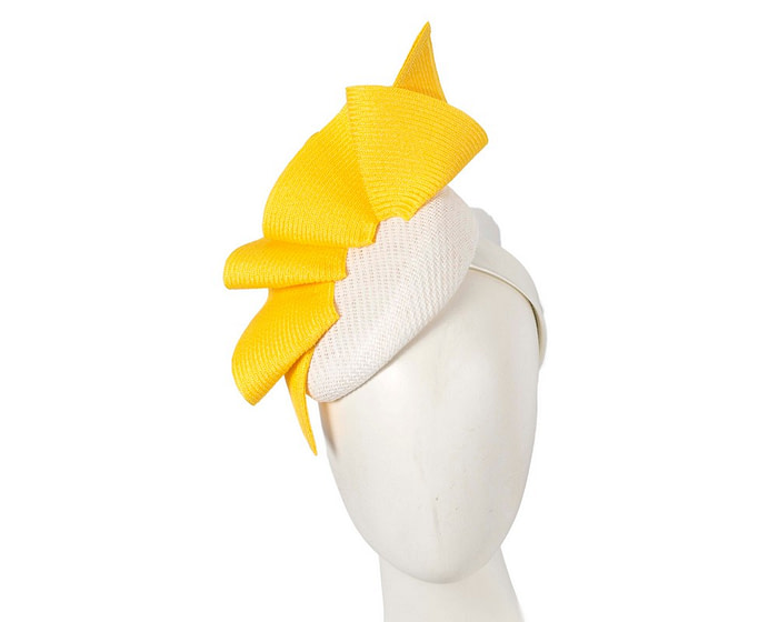 Bespoke white and yellow pillbox fascinator by Fillies Collection - Fascinators.com.au