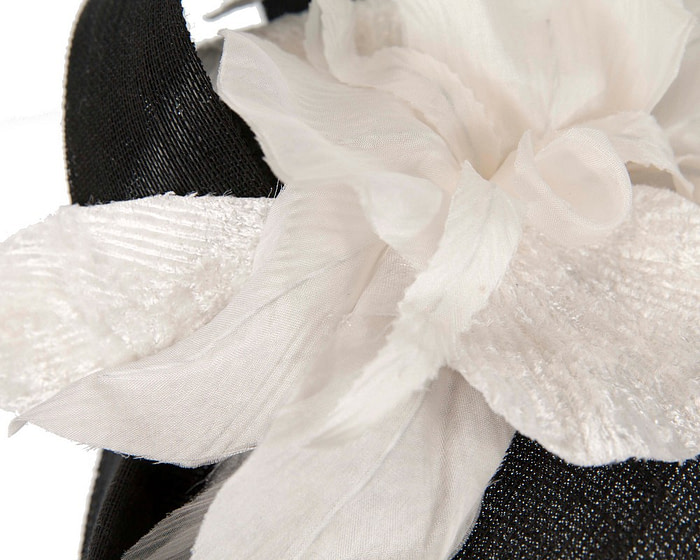 Bespoke black pillbox racing fascinator with cream flower by Fillies Collection - Fascinators.com.au