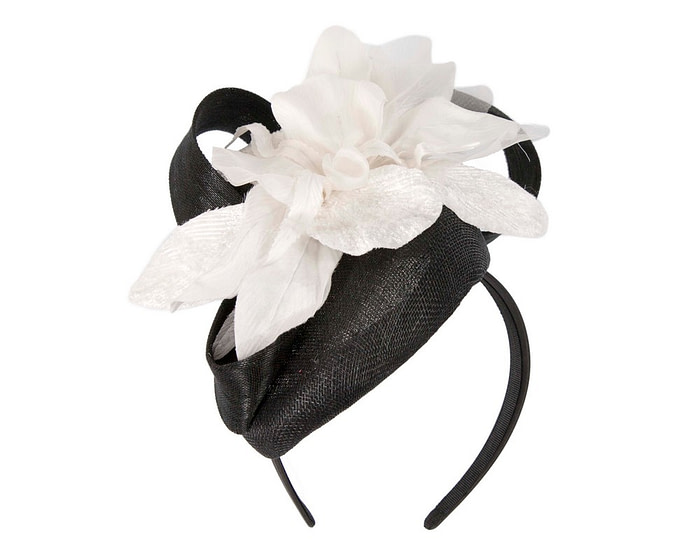 Bespoke black pillbox racing fascinator with cream flower by Fillies Collection - Fascinators.com.au