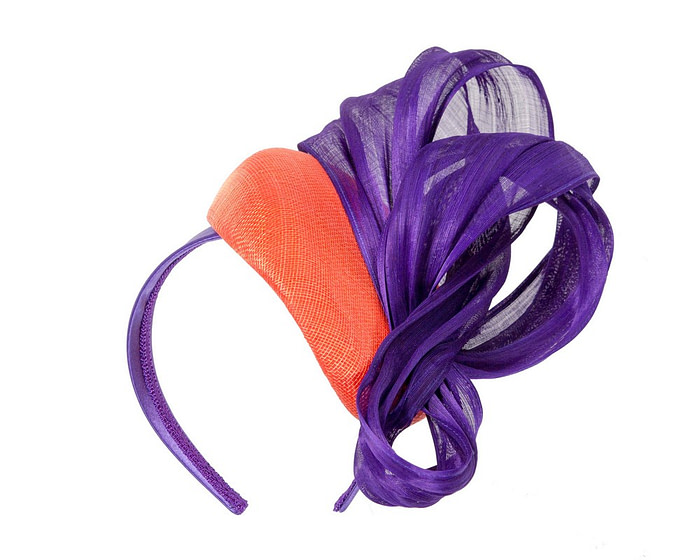 Orange pillbox purple silk abaca bow by Fillies Collection - Fascinators.com.au