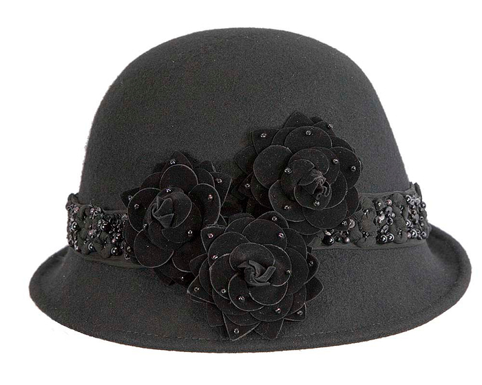 Black felt ladies bucket hat by Fillies Collection - Fascinators.com.au