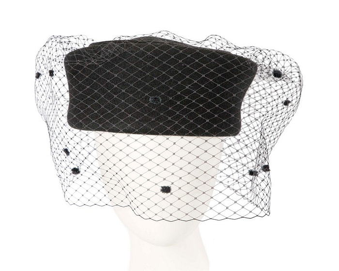 Black winter fashion beret hat with face veil - Fascinators.com.au