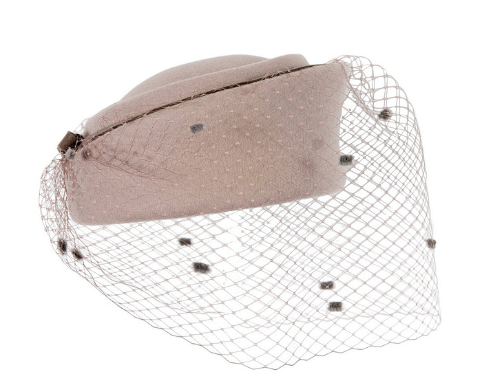 Grey winter fashion beret hat with face veil - Fascinators.com.au