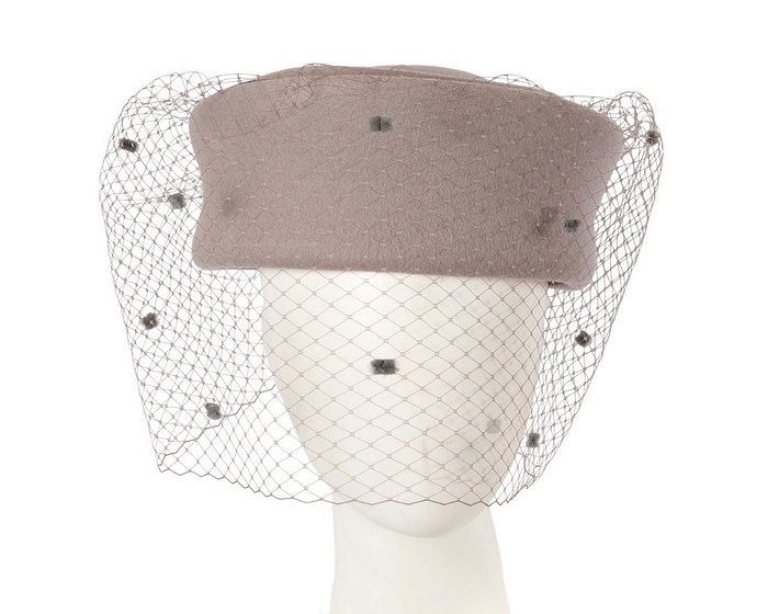 Grey winter fashion beret hat with face veil - Fascinators.com.au