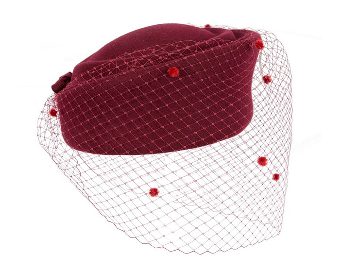 Burgundy winter fashion beret hat with face veil - Fascinators.com.au