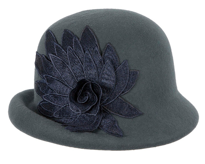 Blue grey felt cloche winter hat by Max Alexander - Fascinators.com.au