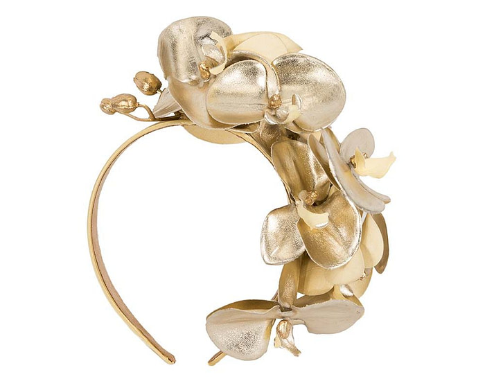 Gold orchid flower headband by Fillies Collection - Fascinators.com.au