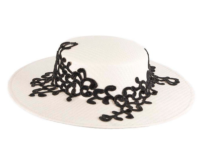 White boater black lace hat - Fascinators.com.au
