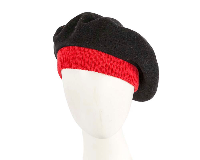 Warm black and red woolen embroidered European Made beret - Fascinators.com.au