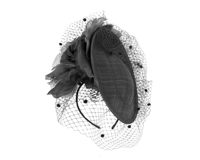 Traditional black fascinator with flowers and face veil - Fascinators.com.au
