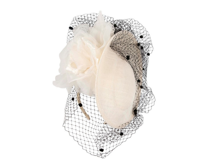 Traditional cream & black fascinator with flowers and face veil - Fascinators.com.au