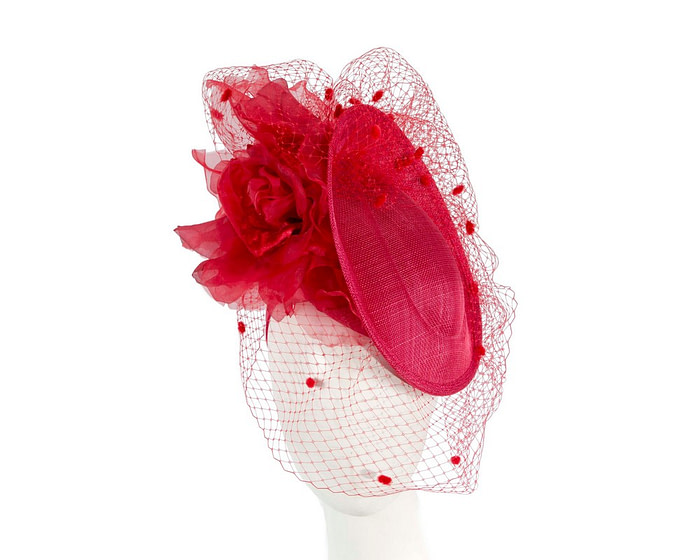 Traditional red fascinator with flowers and face veil - Fascinators.com.au