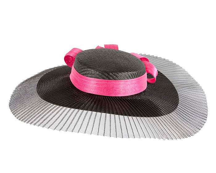 Wide brim black & fuchsia boater hat by Fillies Collection - Fascinators.com.au
