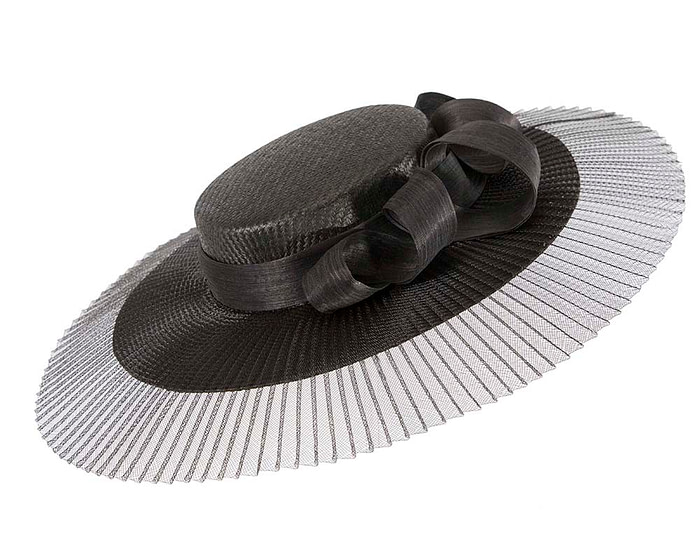 Wide brim black boater hat by Fillies Collection - Fascinators.com.au