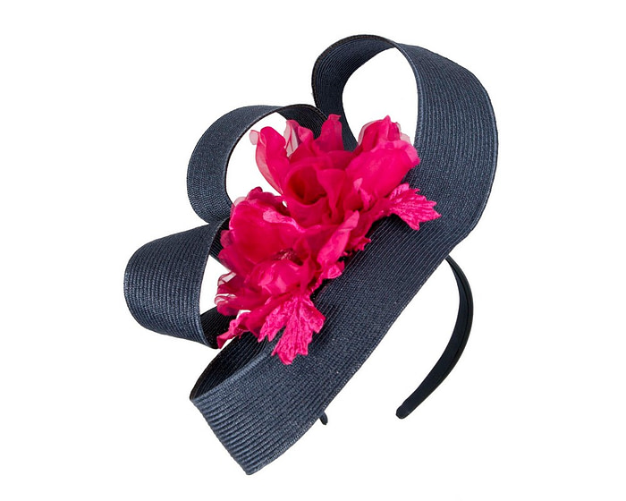 Large navy fascinator with fuchsia flower by Fillies Collection - Fascinators.com.au