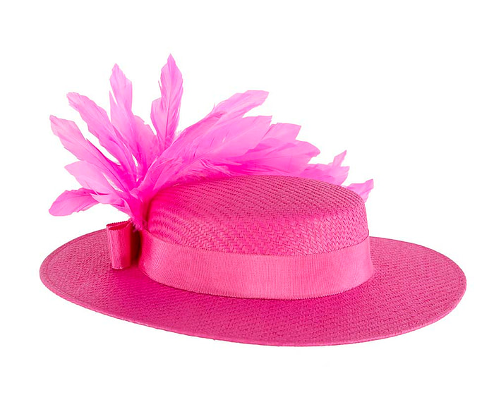 Fuchsia boater hat with feathers by Max Alexander - Fascinators.com.au