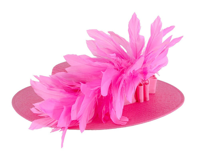 Fuchsia boater hat with feathers by Max Alexander - Fascinators.com.au