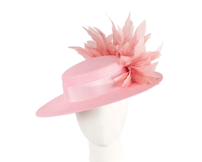 Pink boater hat with feathers by Max Alexander - Fascinators.com.au