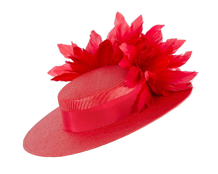 Red boater hat with feathers by Max Alexander - Fascinators.com.au