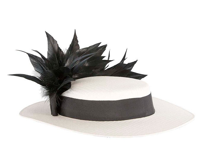 White & Black boater hat with feathers by Max Alexander - Fascinators.com.au