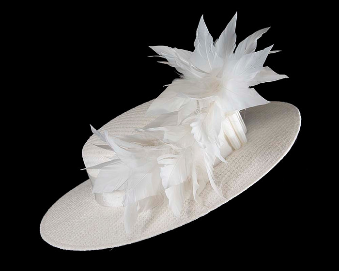 White boater hat with feathers by Max Alexander - Fascinators.com.au