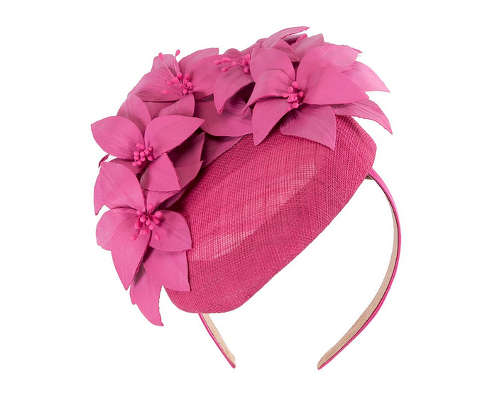 Fuchsia leather flowers pillbox by Fillies Collection - Fascinators.com.au
