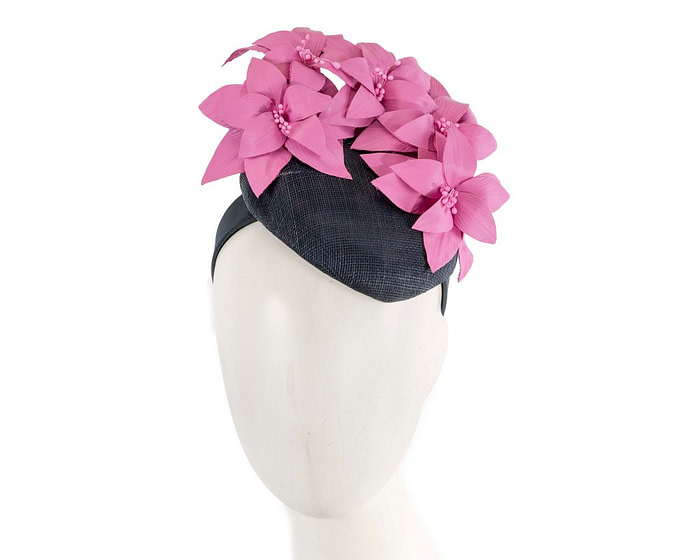 Navy & fuchsia leather flowers pillbox by Fillies Collection - Fascinators.com.au