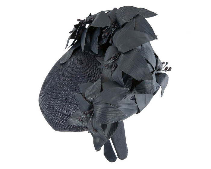 Navy leather flowers pillbox by Fillies Collection - Fascinators.com.au