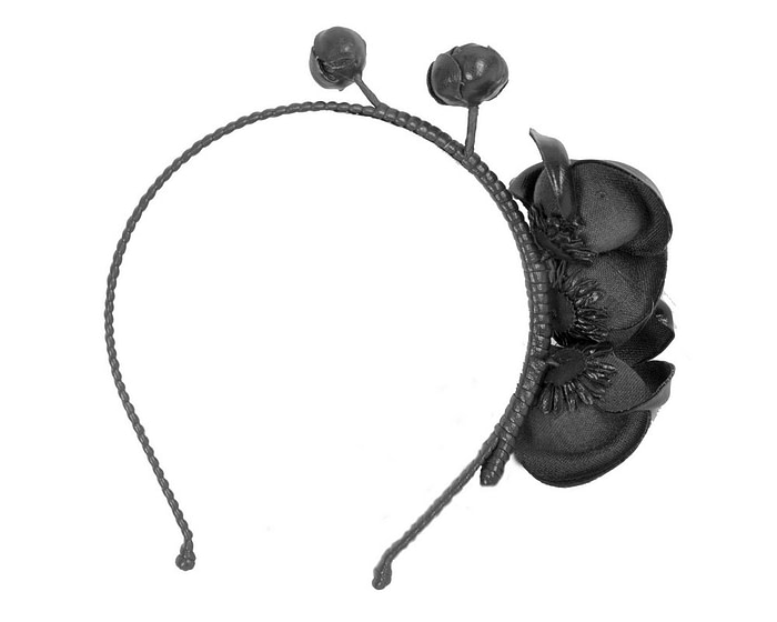 Black leather flower headband fascinator - Fascinators.com.au