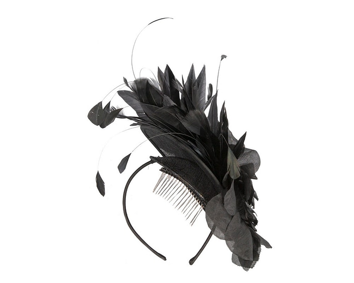 Black racing fascinator with flower and feathers - Fascinators.com.au