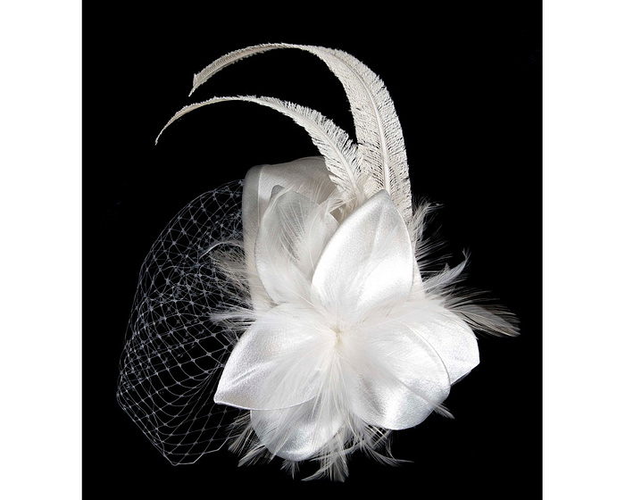 Custom made white fascinator with feather - Fascinators.com.au