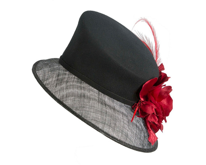 Exclusive black ladies winter fashion hat with red flower by Cupids Millinery - Image 6