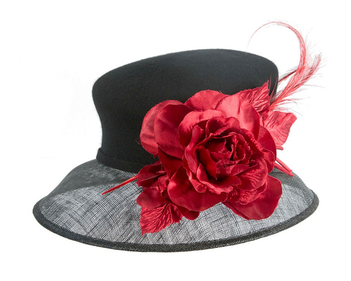 Exclusive black ladies winter fashion hat with red flower by Cupids Millinery - Image 4